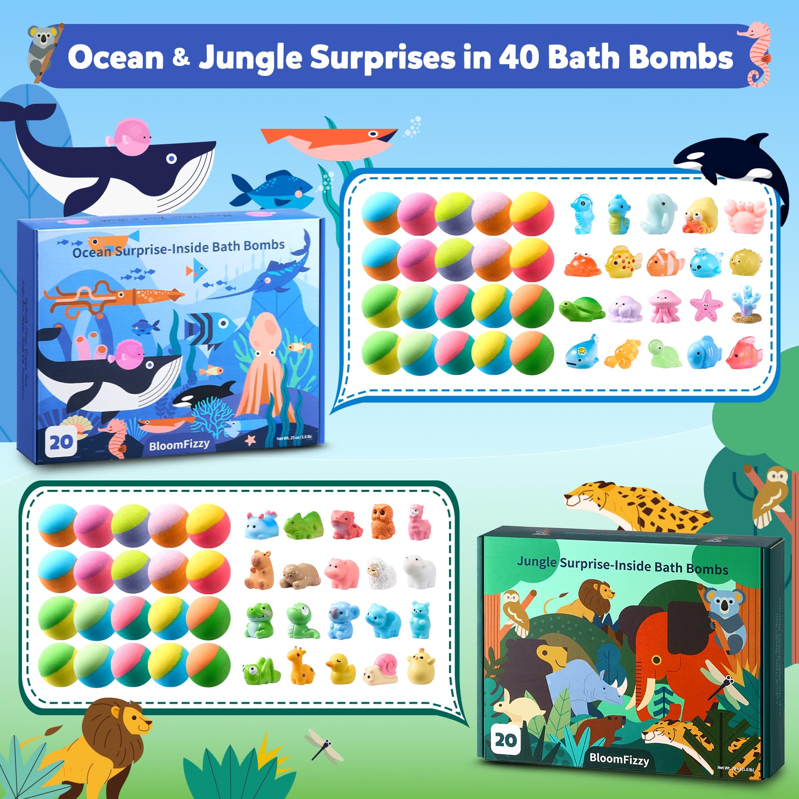 BloomFizzy Ocean Toys inside bath bomb reveal resin sea creature surprise during fizz