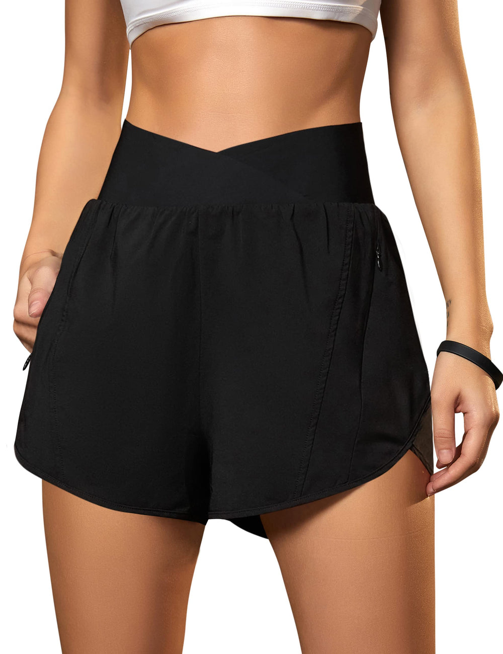 Blooming Jelly women's shorts front view in black, sleek fit for workouts and daily wear.