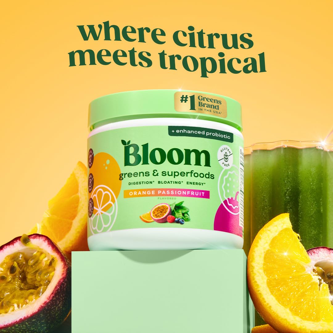 Bloom Nutrition orange passionfruit greens drink ready to refresh digestion
