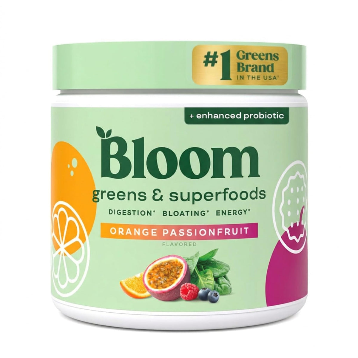 Bloom Nutrition orange passionfruit greens powder scoop for daily energy