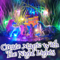 Bloonsy Unicorn Fairy Garden Kit LED light enhances nighttime magic in the terrarium.