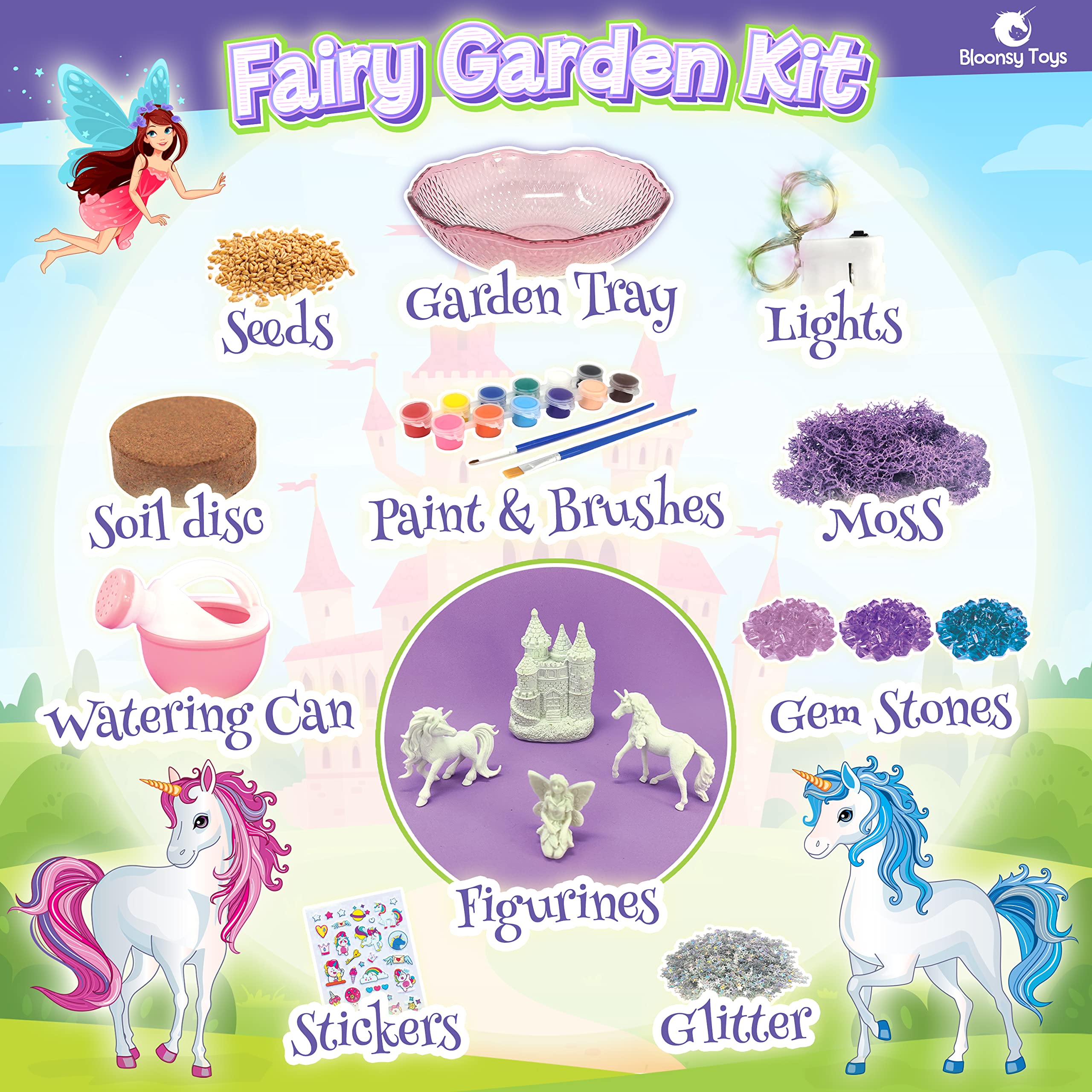 Bloonsy Unicorn Fairy Garden Kit terrarium assembly enables imaginative play.