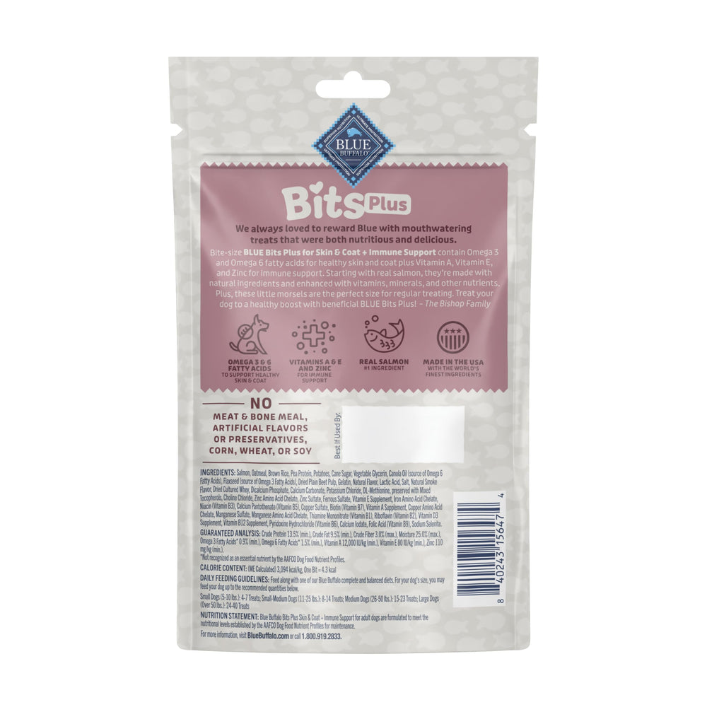 Open bag of Blue Bits Salmon Morsels reveals chewy texture and savory aroma