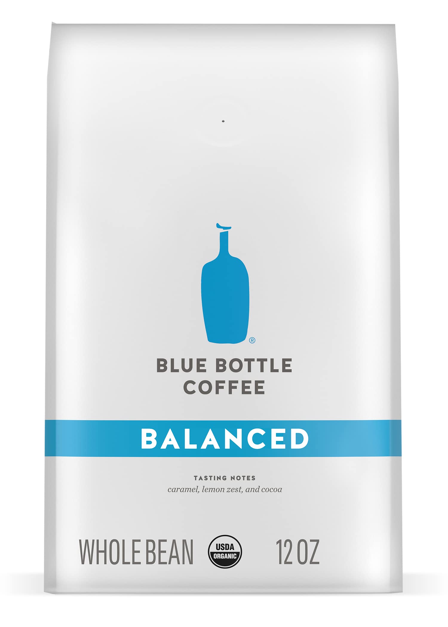 Blue Bottle Balanced coffee bag—12 oz packaging highlighting premium organic beans for home brewing.