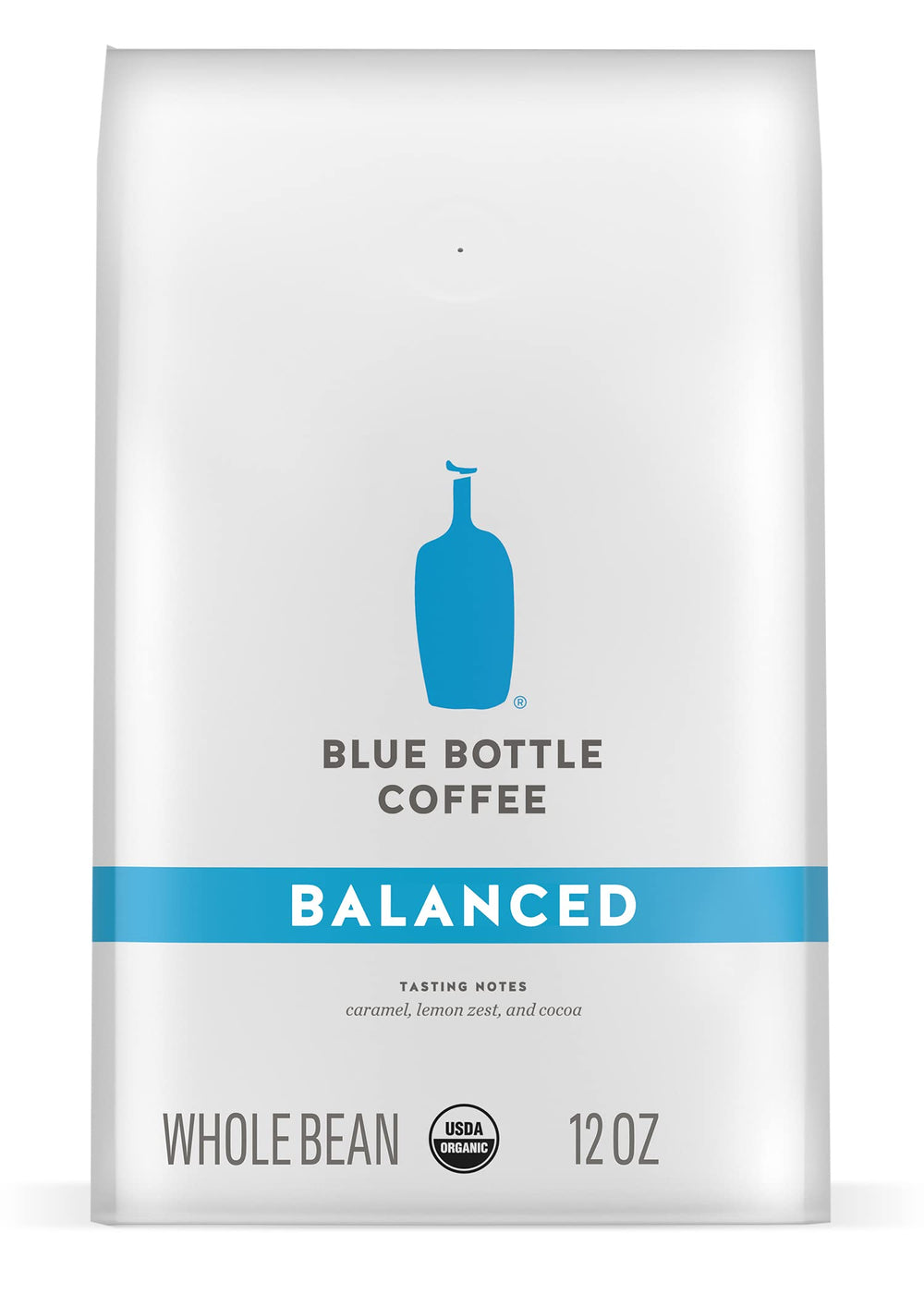 Blue Bottle Balanced coffee bag—12 oz packaging highlighting premium organic beans for home brewing.