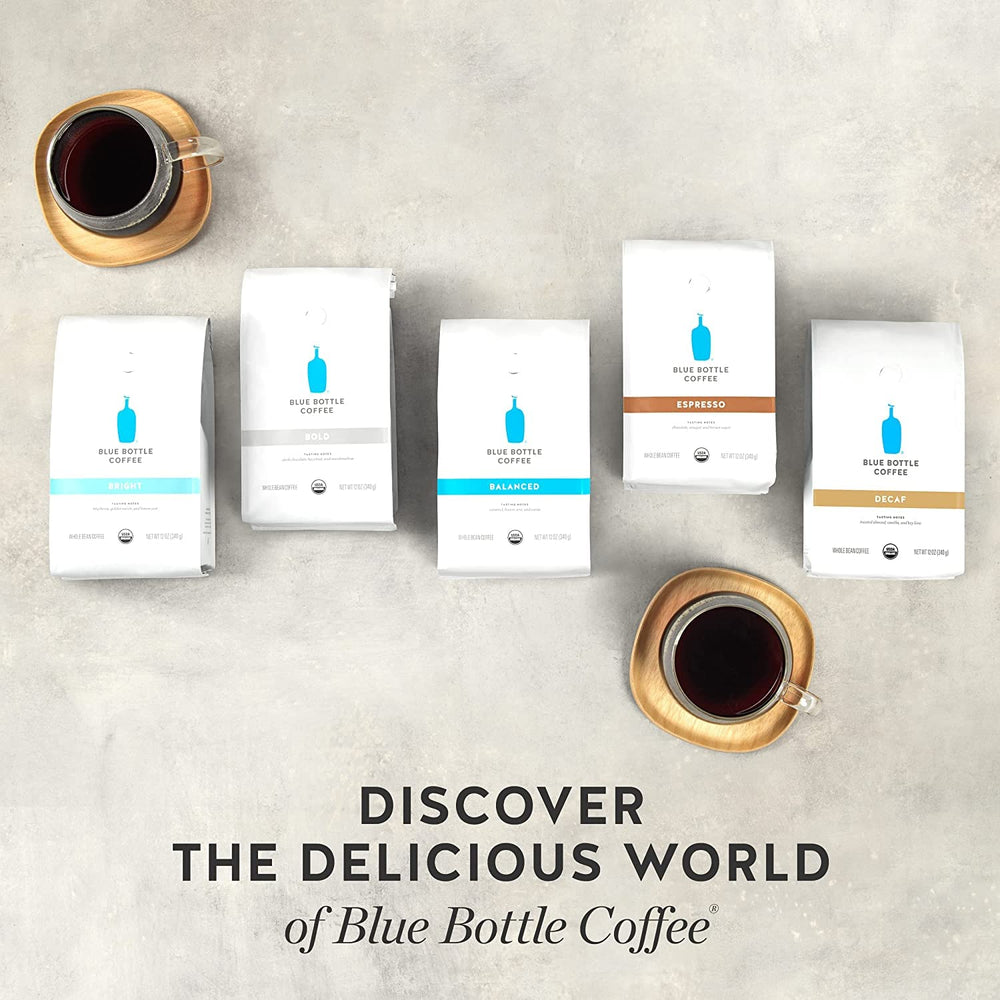 Blue Bottle Balanced packaging highlighting organic certification and sustainability.
