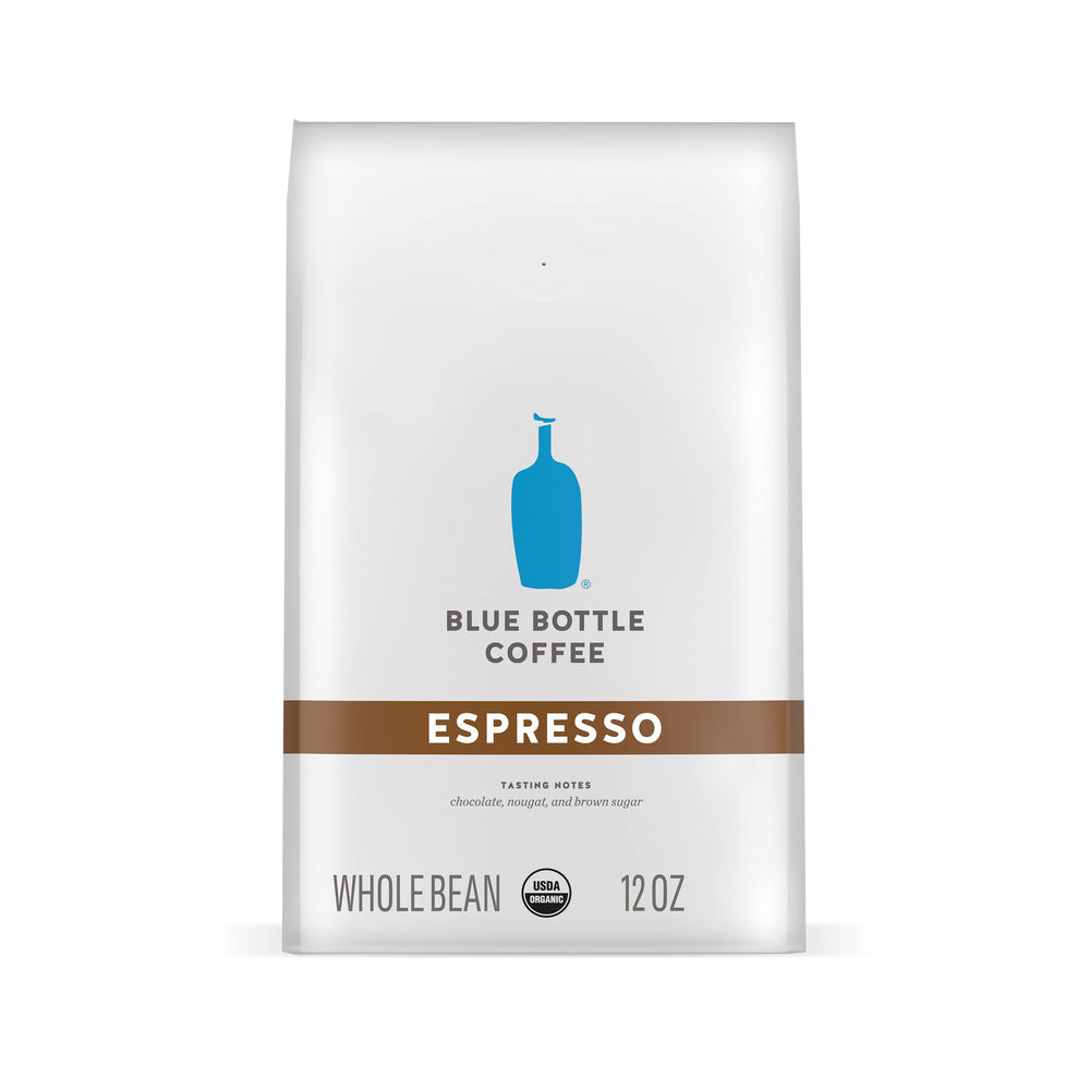 Blue Bottle Espresso dark roast bag with bold aroma, ideal for a potent shot.