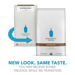 Blue Bottle Organic whole bean highlighting sustainability and bright crema potential.