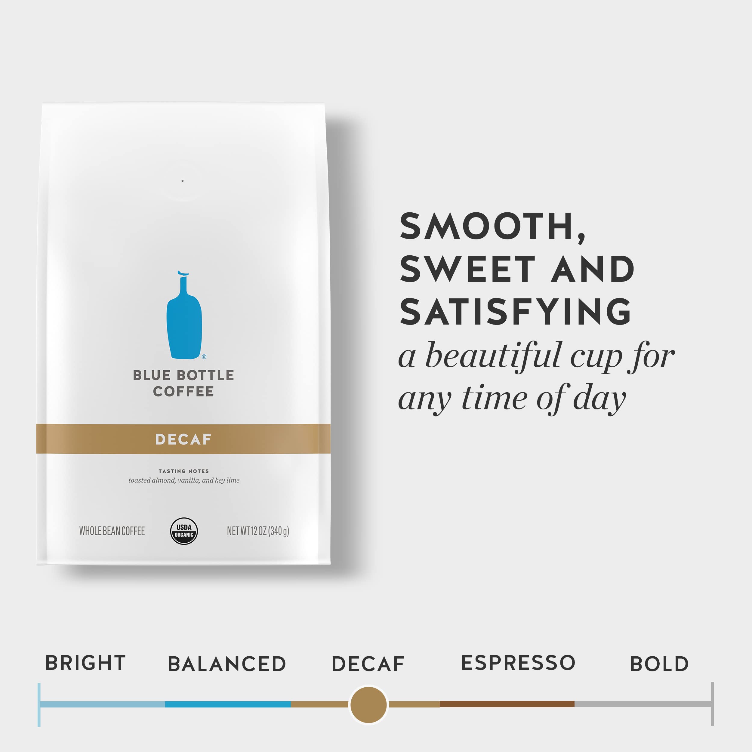 Blue Bottle Organic Decaf bag on kitchen counter, fresh-ground aroma hints.