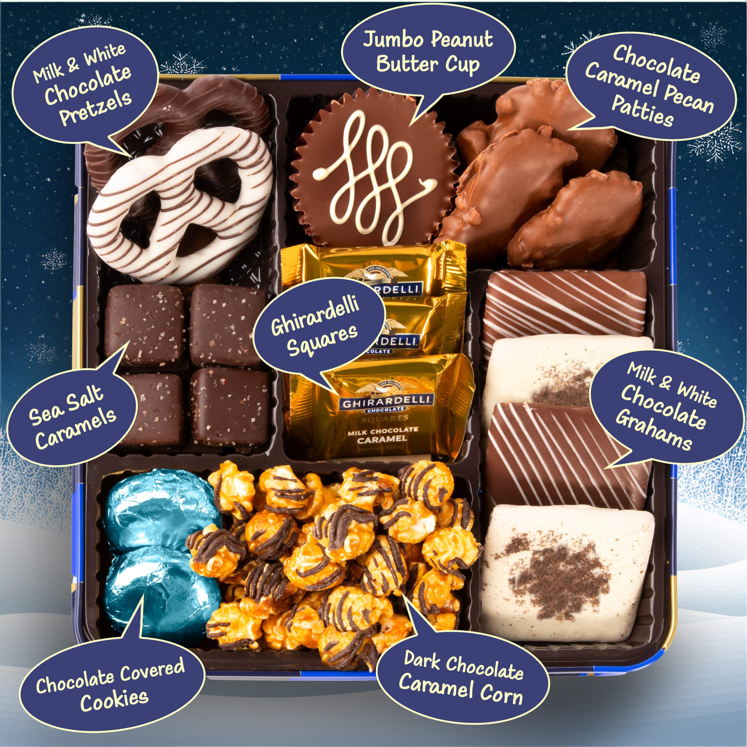 Blue Bow Gourmet caramel corn drizzled with dark chocolate, shareable crunch.