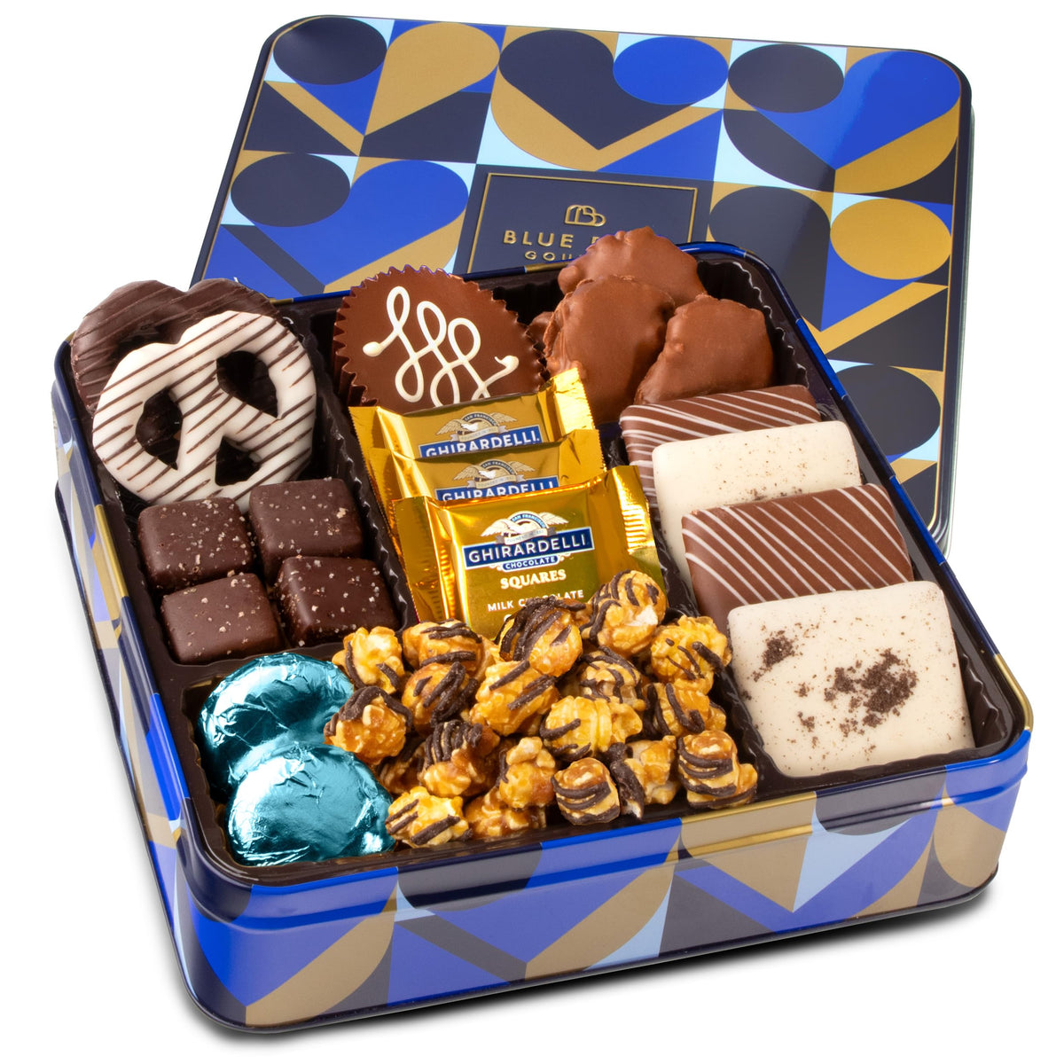 Blue Bow Gourmet signature tin gift pack, ready for gifting and elegant presentation.
