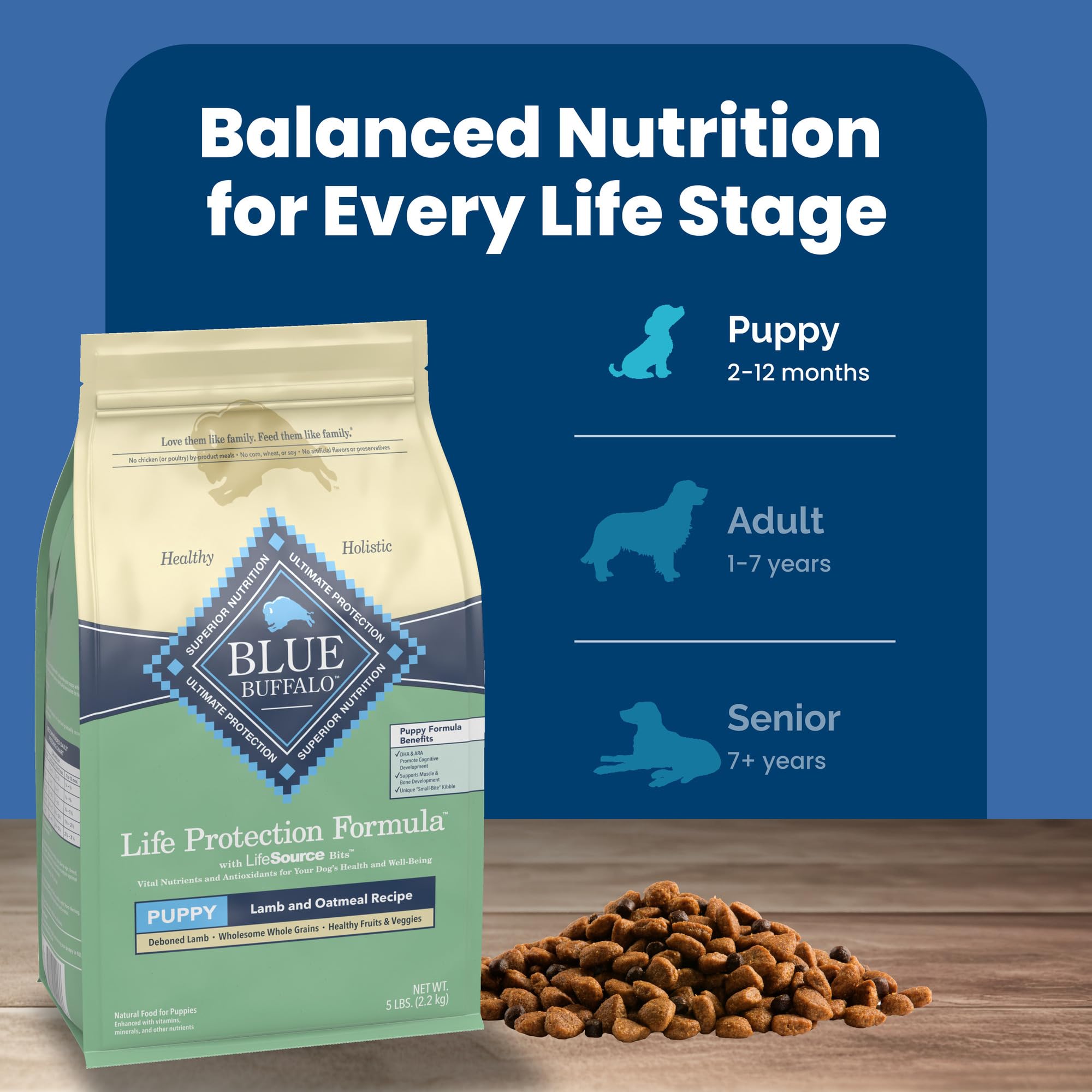 Blue Buffalo 5lb packaging detail showcases value and freshness.
