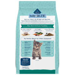 Blue Buffalo Baby Blue dry kitten kibble closeup highlights high-protein grain-free formula