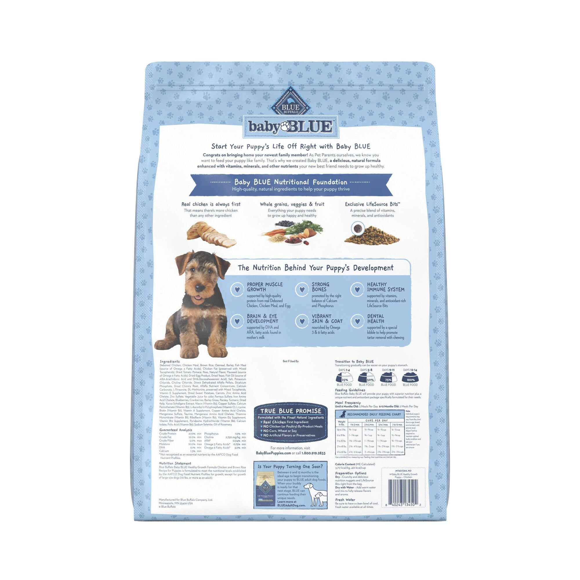 Blue Buffalo Baby BLUE kibble close-up highlighting savory chicken flavor.