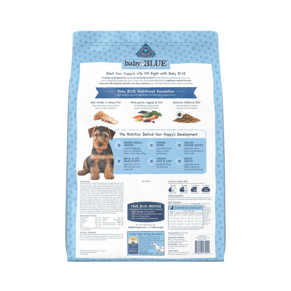 Blue Buffalo Baby BLUE kibble close-up highlighting savory chicken flavor.