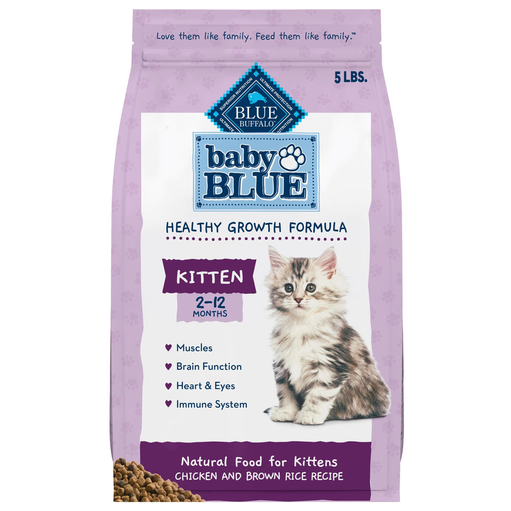 Blue Buffalo Baby BLUE kitten dry food packaging front showing real chicken as first ingredient