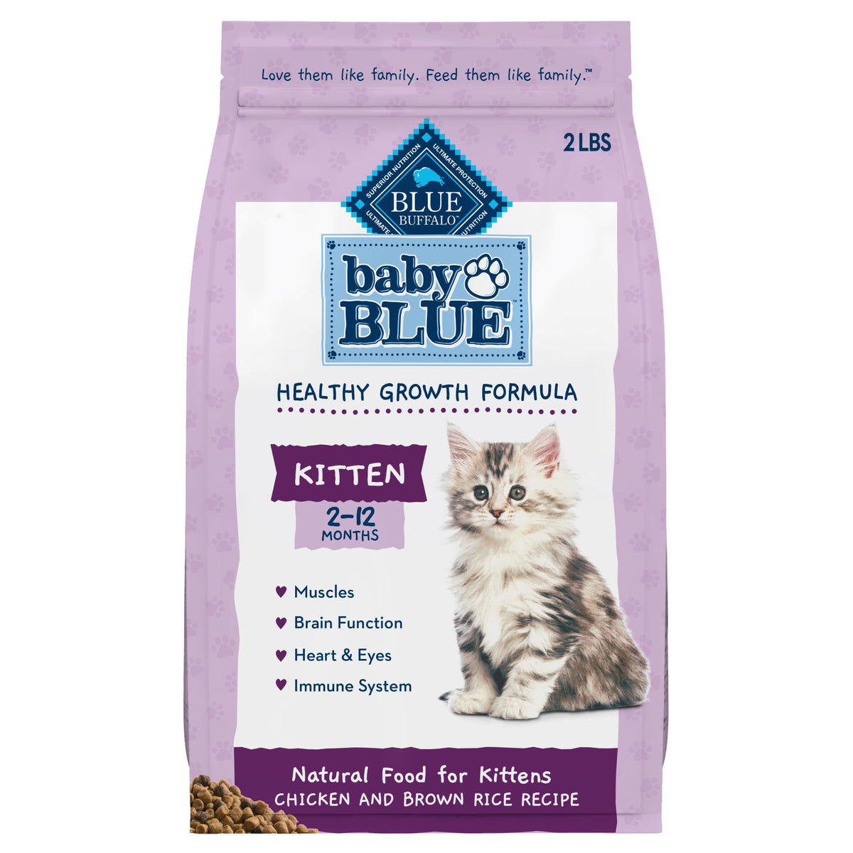 Blue Buffalo Baby BLUE kitten food bag front highlights real chicken first for healthy growth.