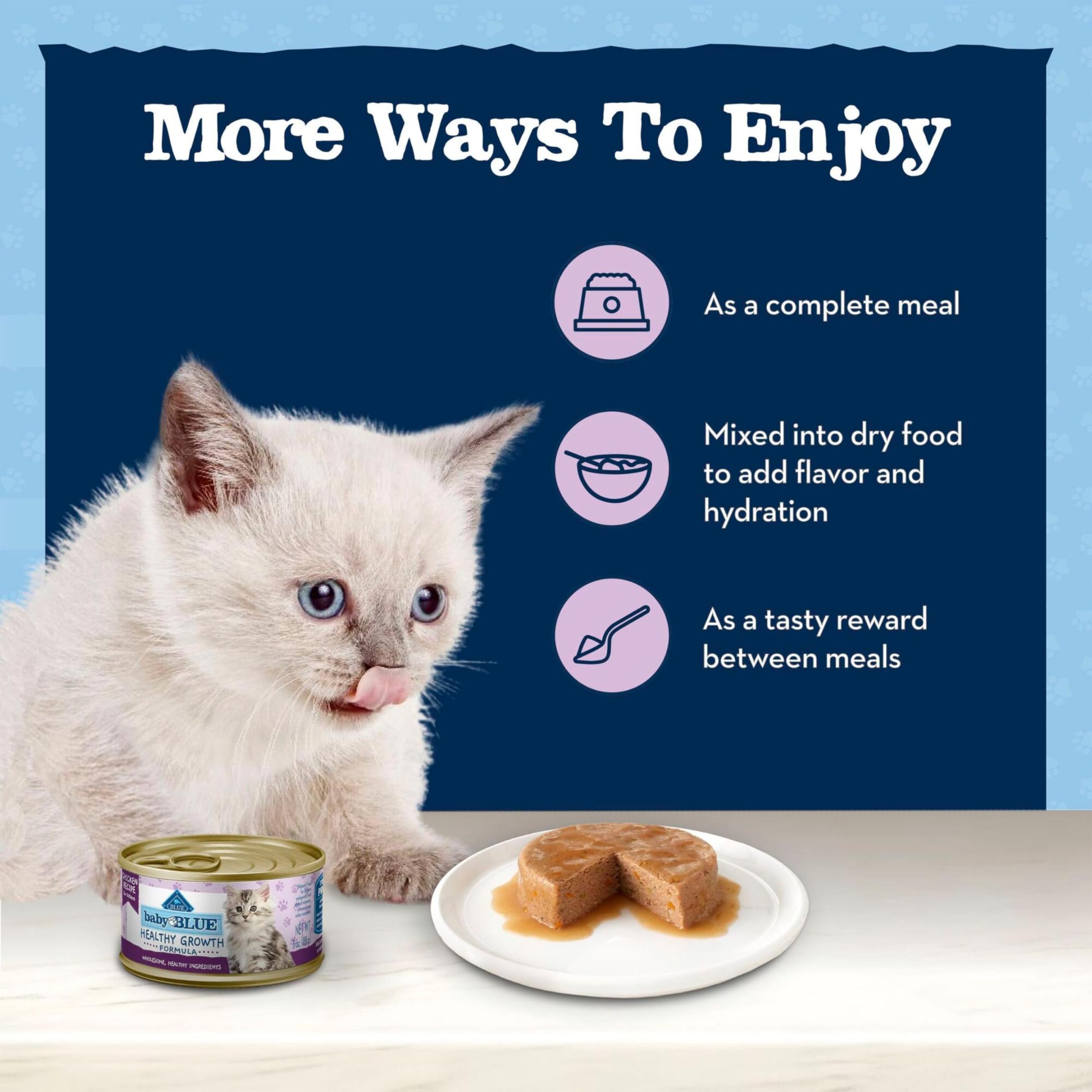 Blue Buffalo BLUE kitten food demonstrates three feeding options: meal, topper, or treat.