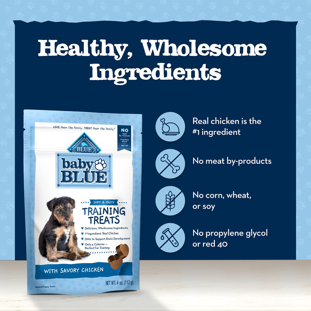 Blue Buffalo Baby BLUE Training Treats bag rear ingredients and feeding guidance.