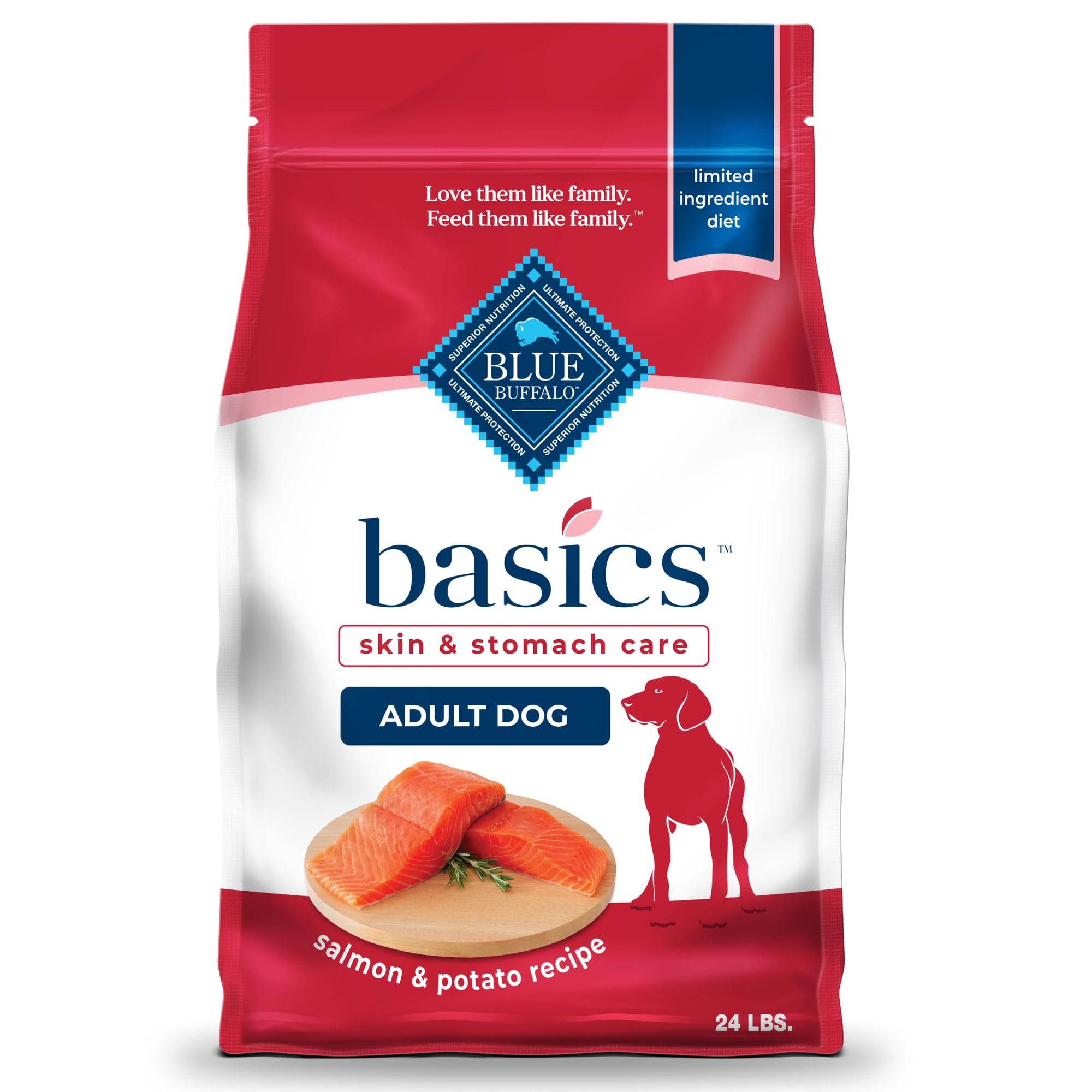Blue Buffalo Basics Salmon & Potato bag front shows real salmon for protein.