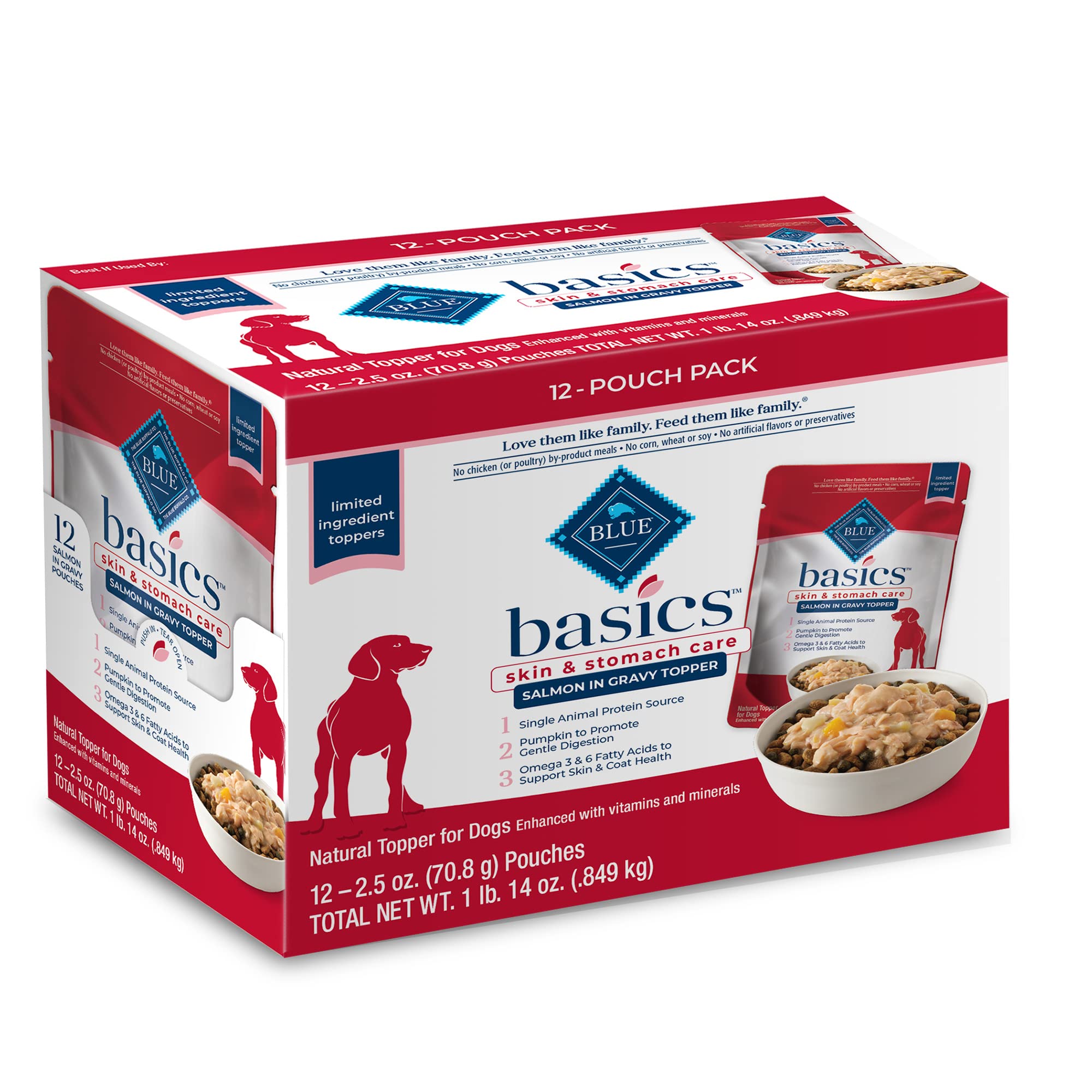 Blue Buffalo Basics salmon topper in gravy highlights real salmon for gentle digestion.