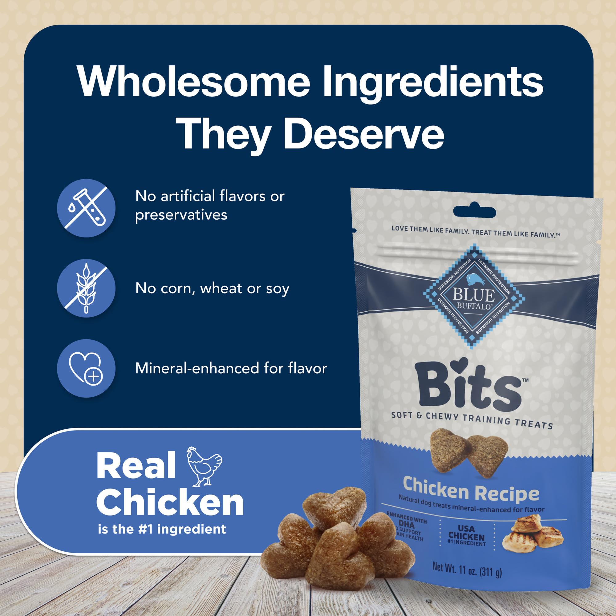 Blue Buffalo Bits treats without artificial preservatives, a healthier reward option.