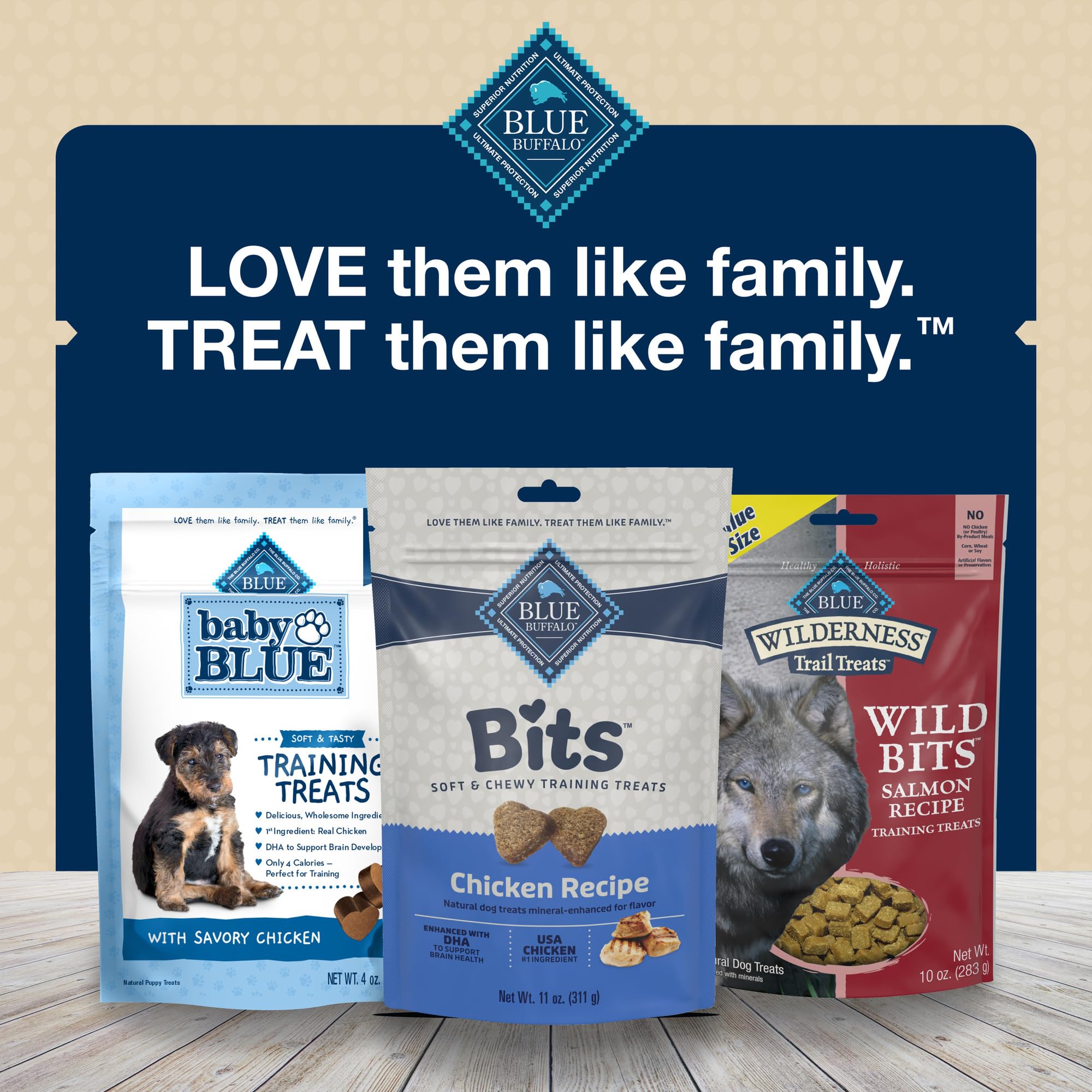 Blue Buffalo Bits real chicken-first recipe promotes tasty rewards.