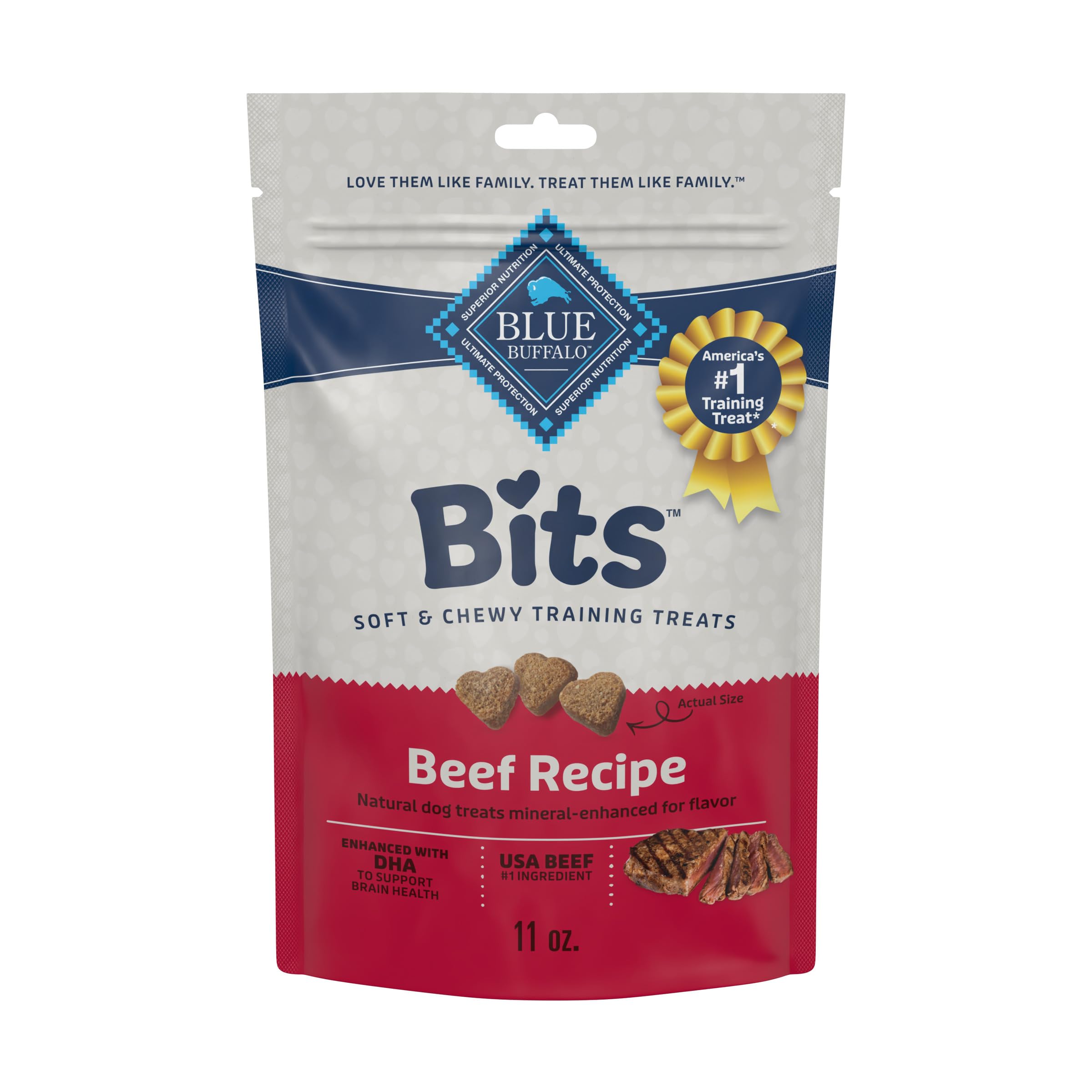Blue Buffalo Bits soft beef treats in bag, ideal for training rewards.