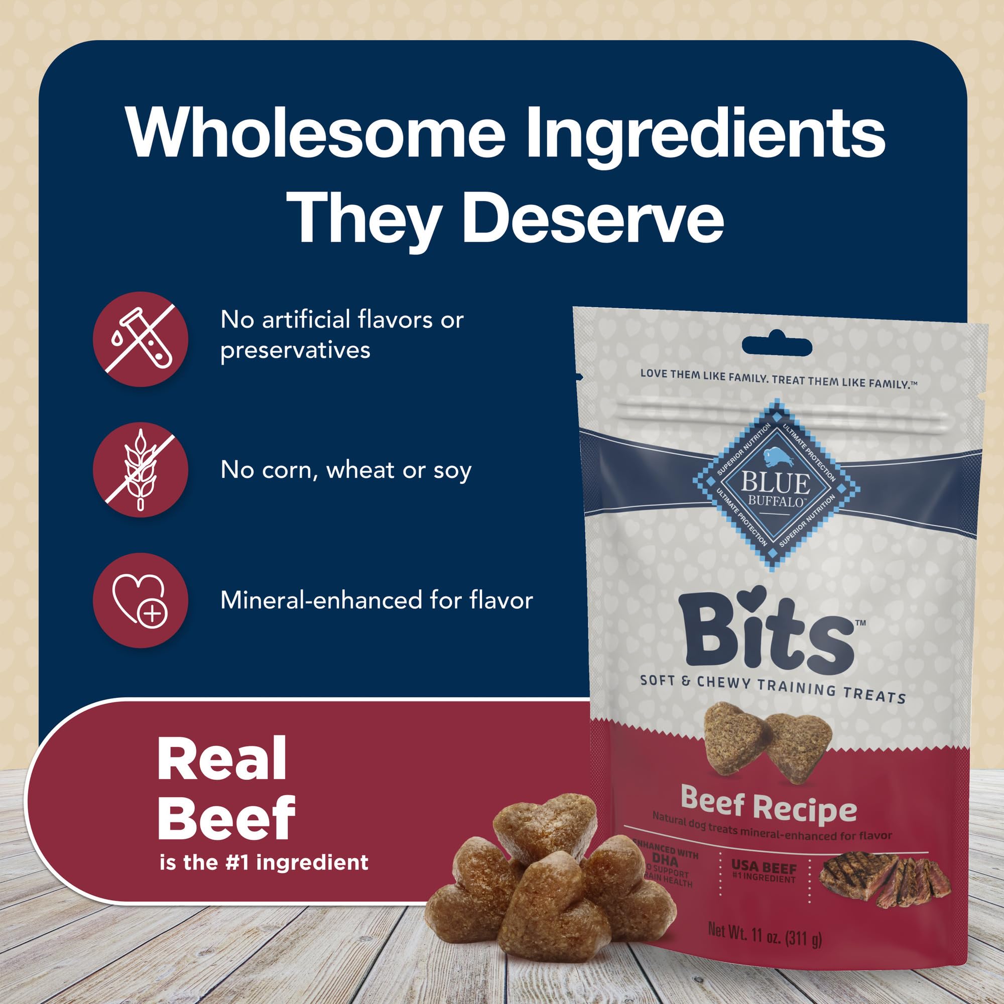 11-ounce Blue Buffalo Bits bag held for on-the-go rewards.