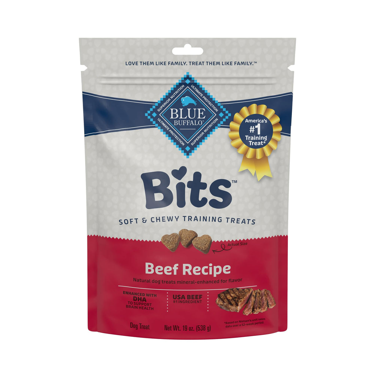 Blue Buffalo Bits soft treats with real beef first, ideal for gentle training rewards