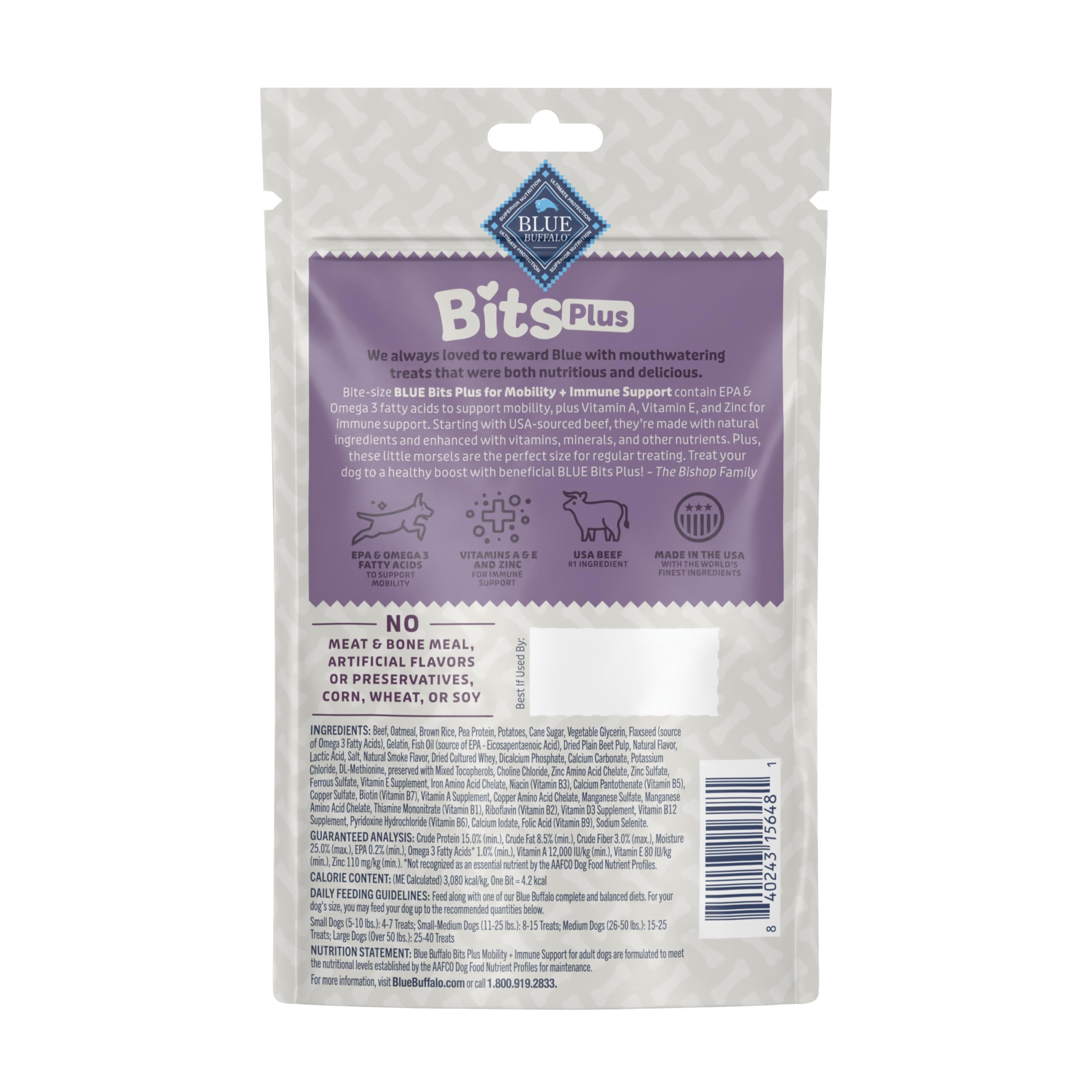 Blue Buffalo Blue Bits Plus immune treats bag highlights immune support formula.