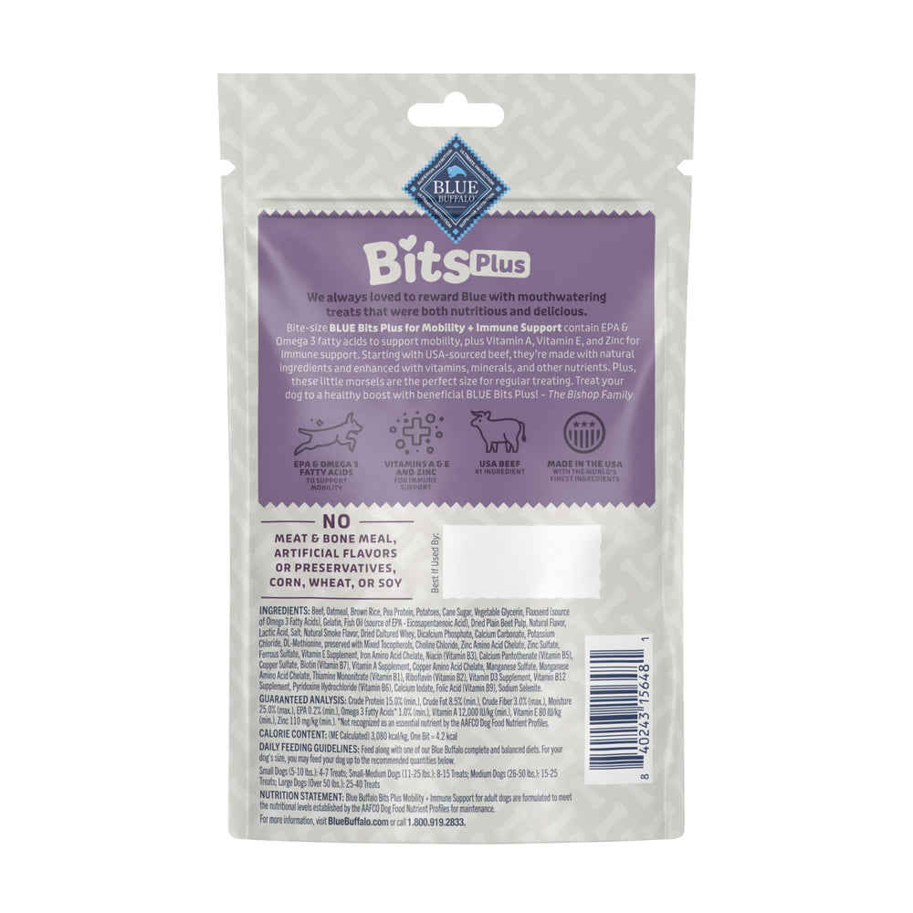 Blue Buffalo Blue Bits Plus immune treats bag highlights immune support formula.