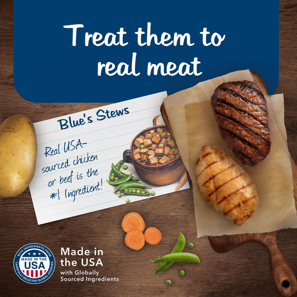 Blue Buffalo Blues Stew Beef Can highlighting hearty flavor for adult dogs.