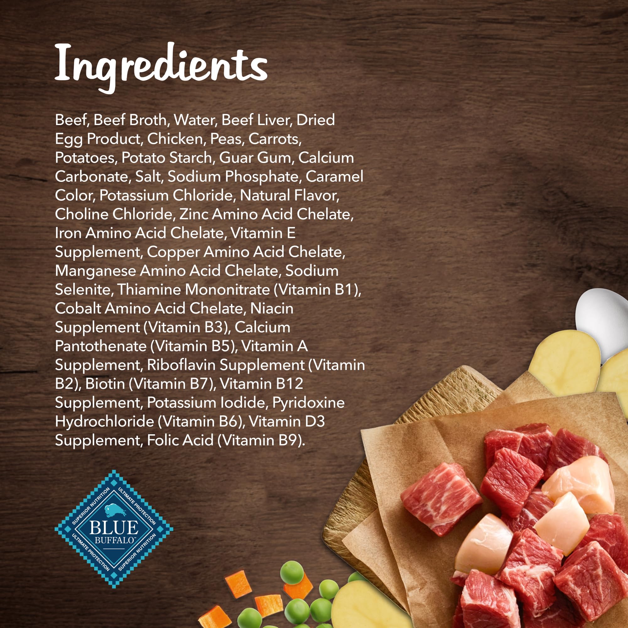 Blue Buffalo Blues Stew ingredients label highlighting no corn, wheat, or soy.
