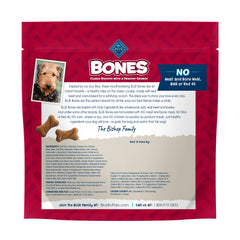 Blue Buffalo Bones mini beef biscuits closeup highlighting bone-shaped crunch for daily snacking.
