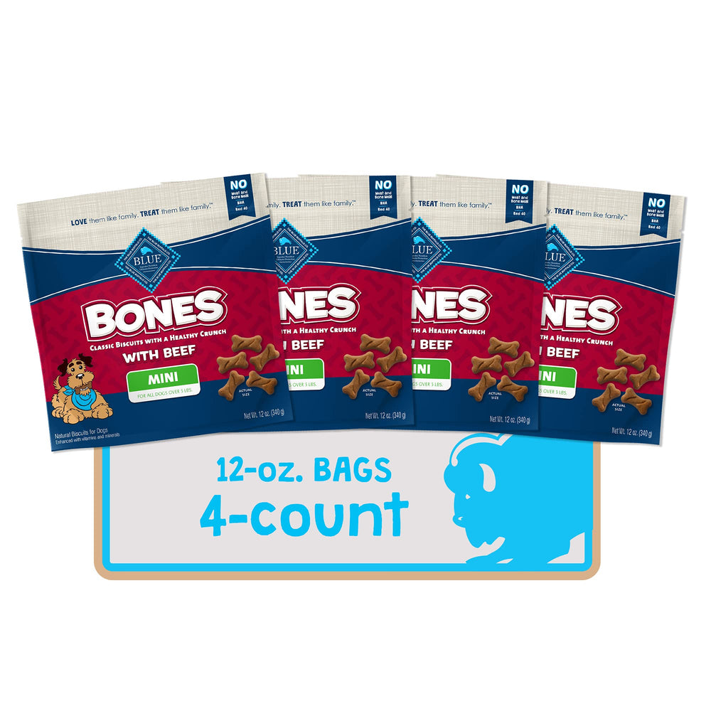 Blue Buffalo Bones natural crunchy dog treats for small dogs with real beef in every bite.