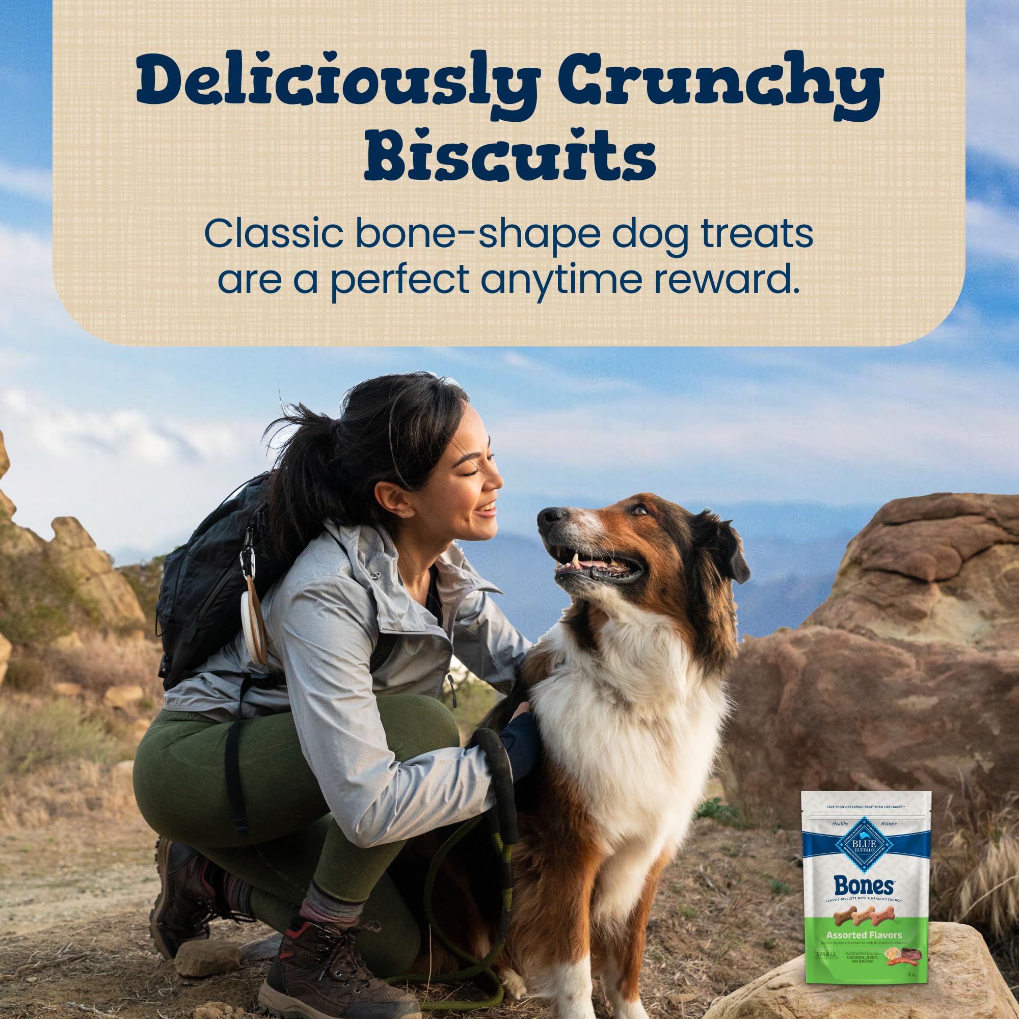 Blue Buffalo Bones classic bone shape delights dogs with familiar chew appeal.