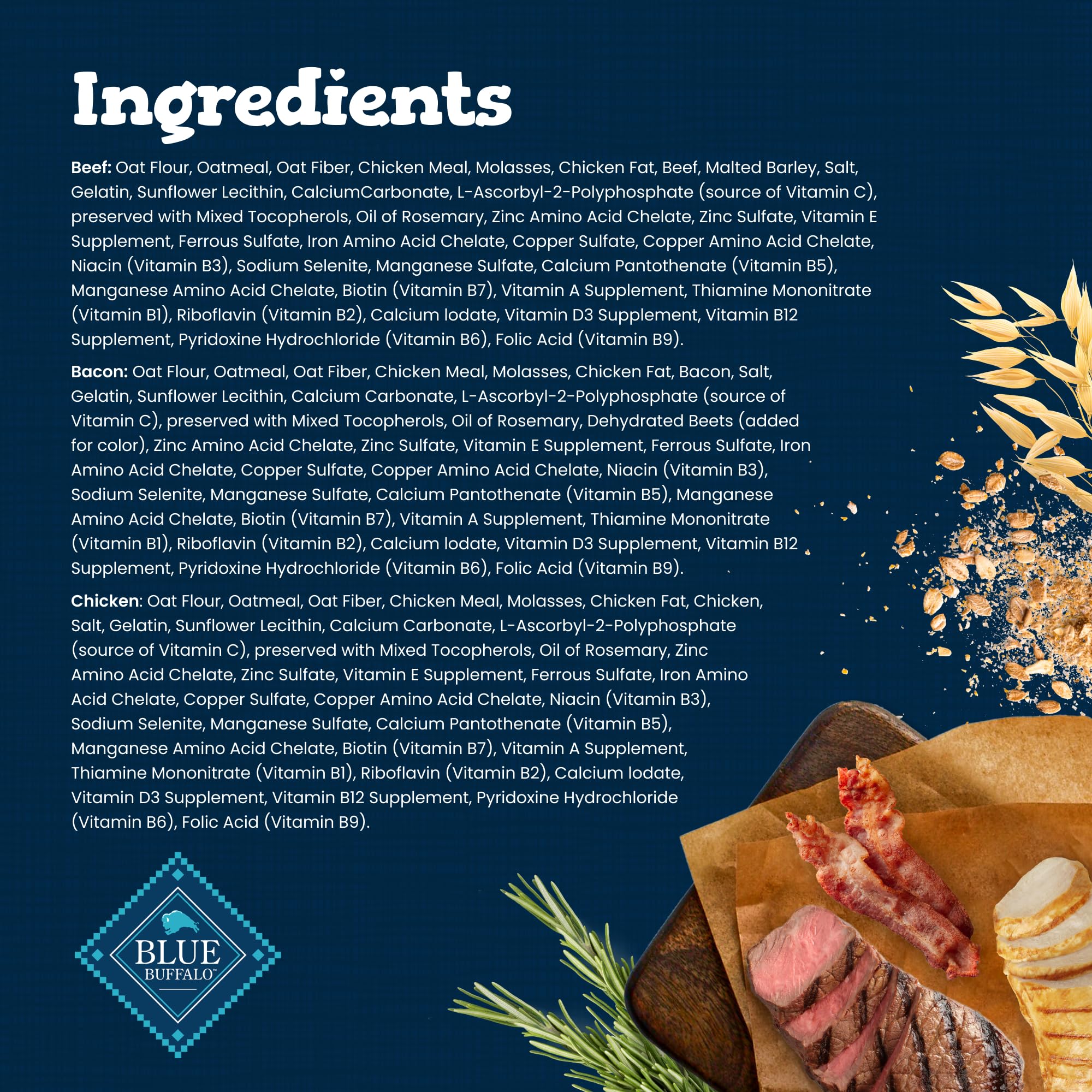Blue Buffalo Bones bacon flavor crunch supports tasty, satisfying chews for busy dogs.