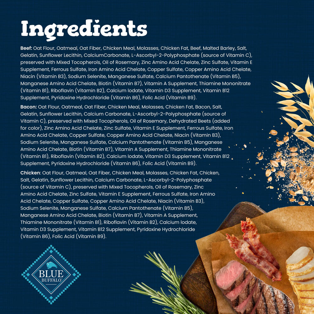 Blue Buffalo Bones bacon flavor crunch supports tasty, satisfying chews for busy dogs.