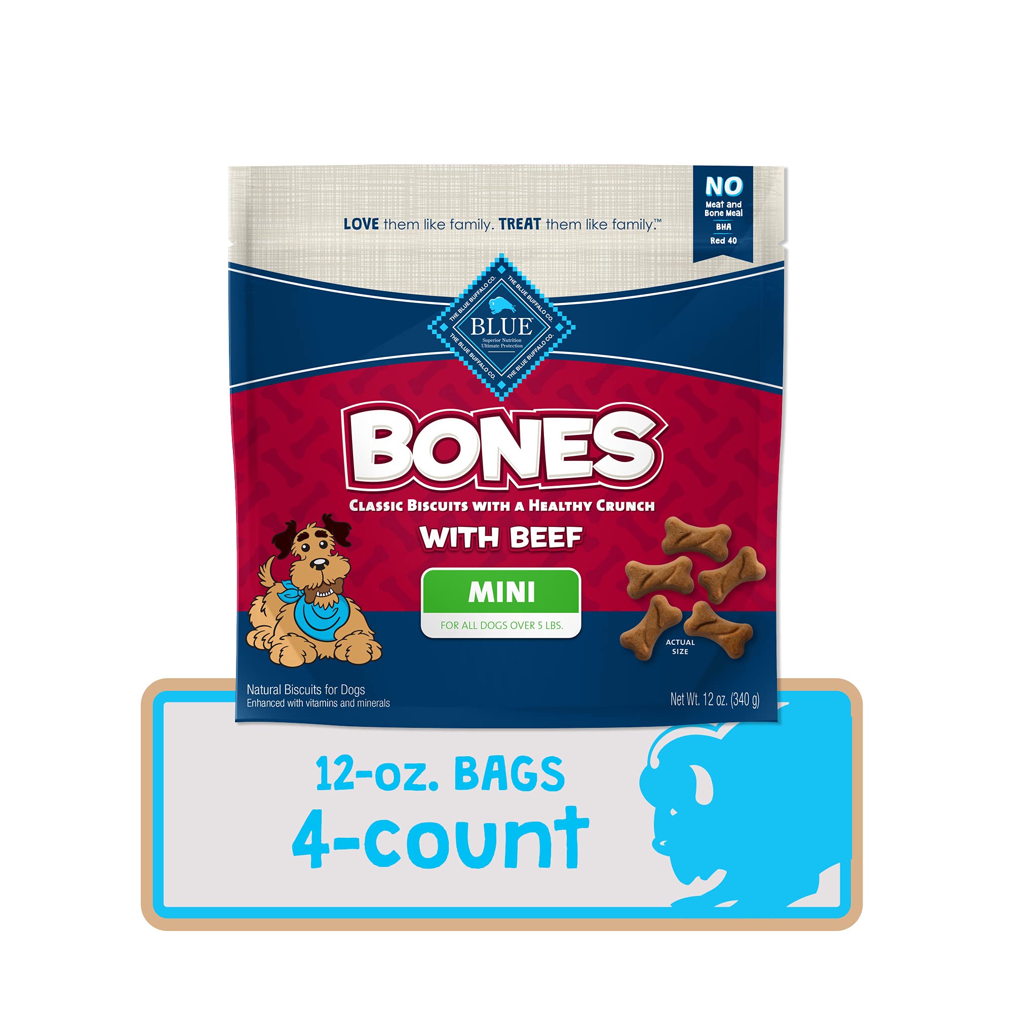 Blue Buffalo Bones small dog snack scene conveys daily reward without artificial flavors.