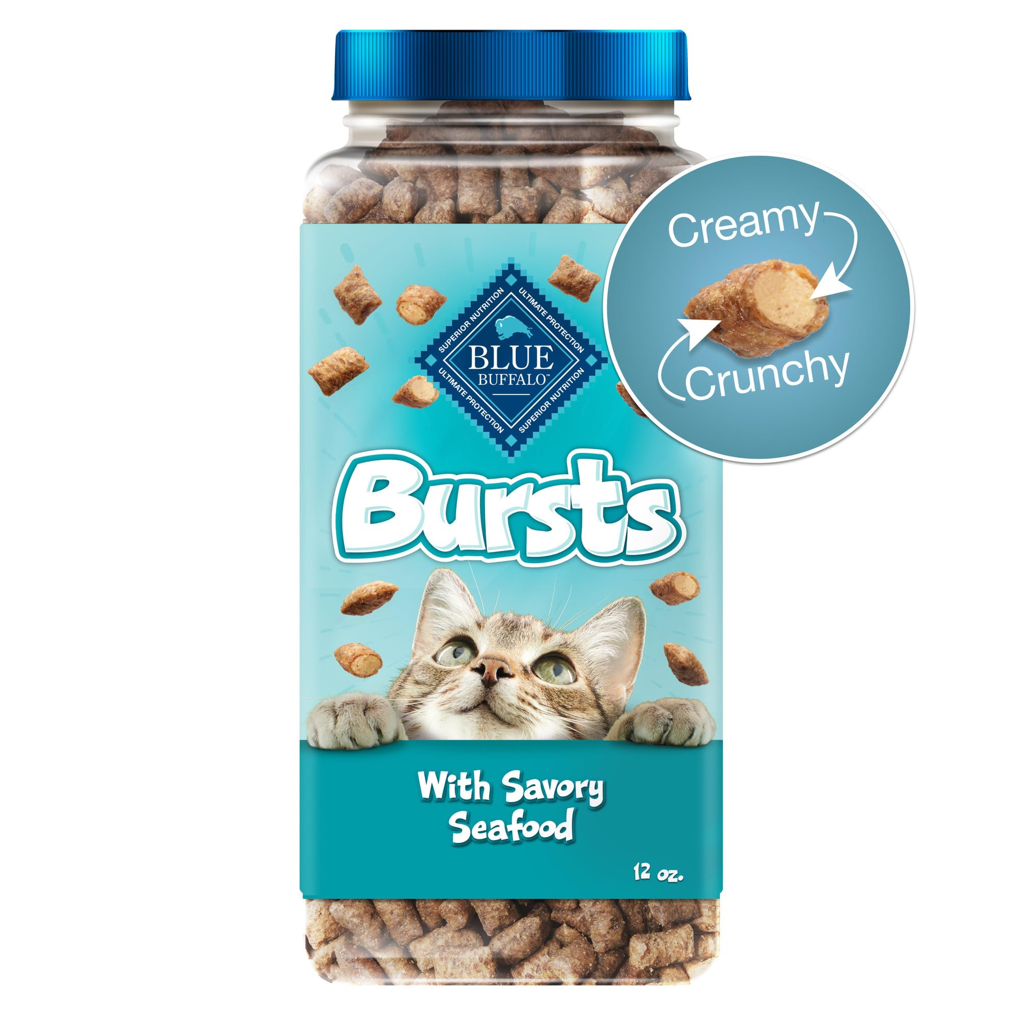 Blue Buffalo Bursts: crunchy shell with creamy center, enticing texture for cats.