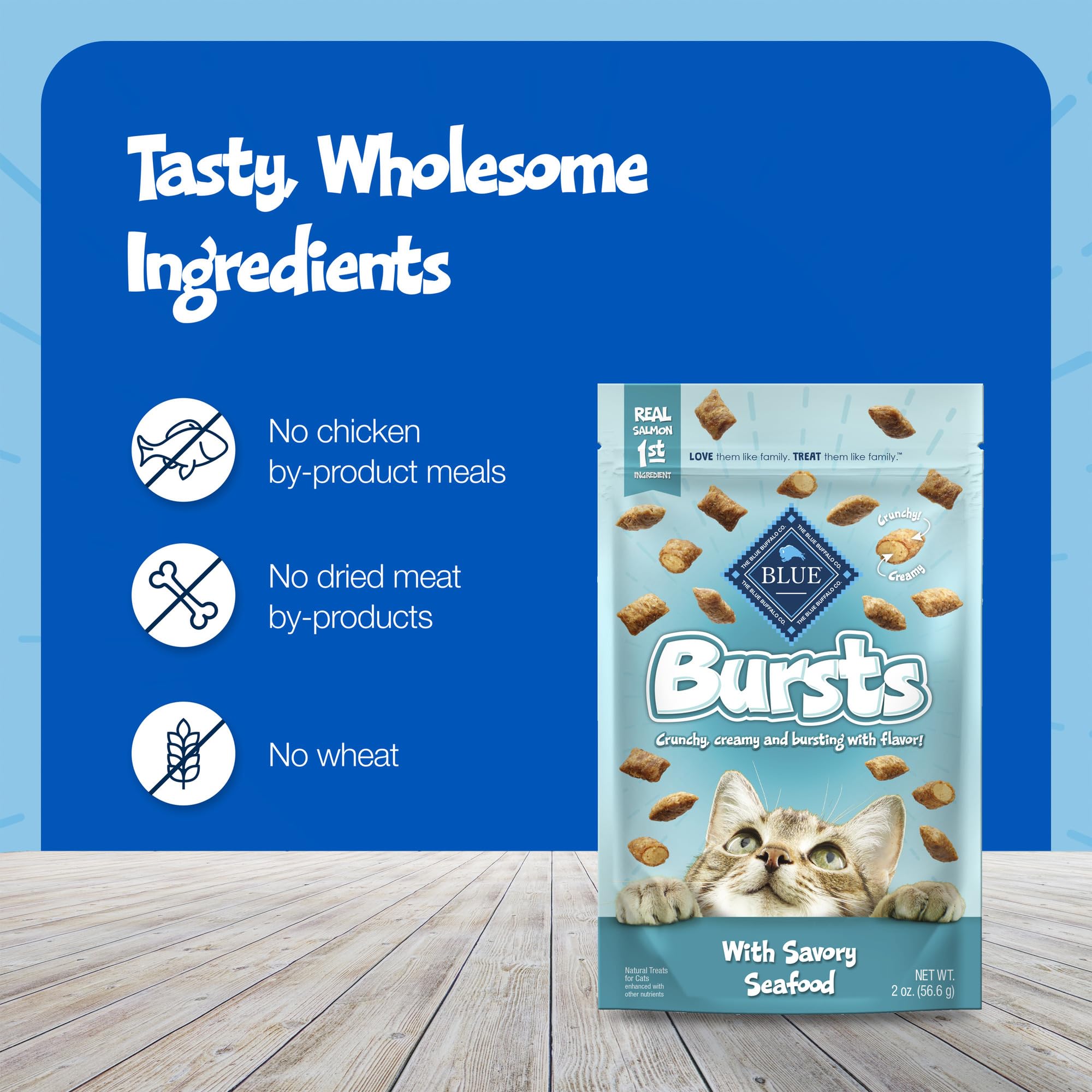 Blue Buffalo Bursts are free from corn, wheat, and soy for sensitive cats.