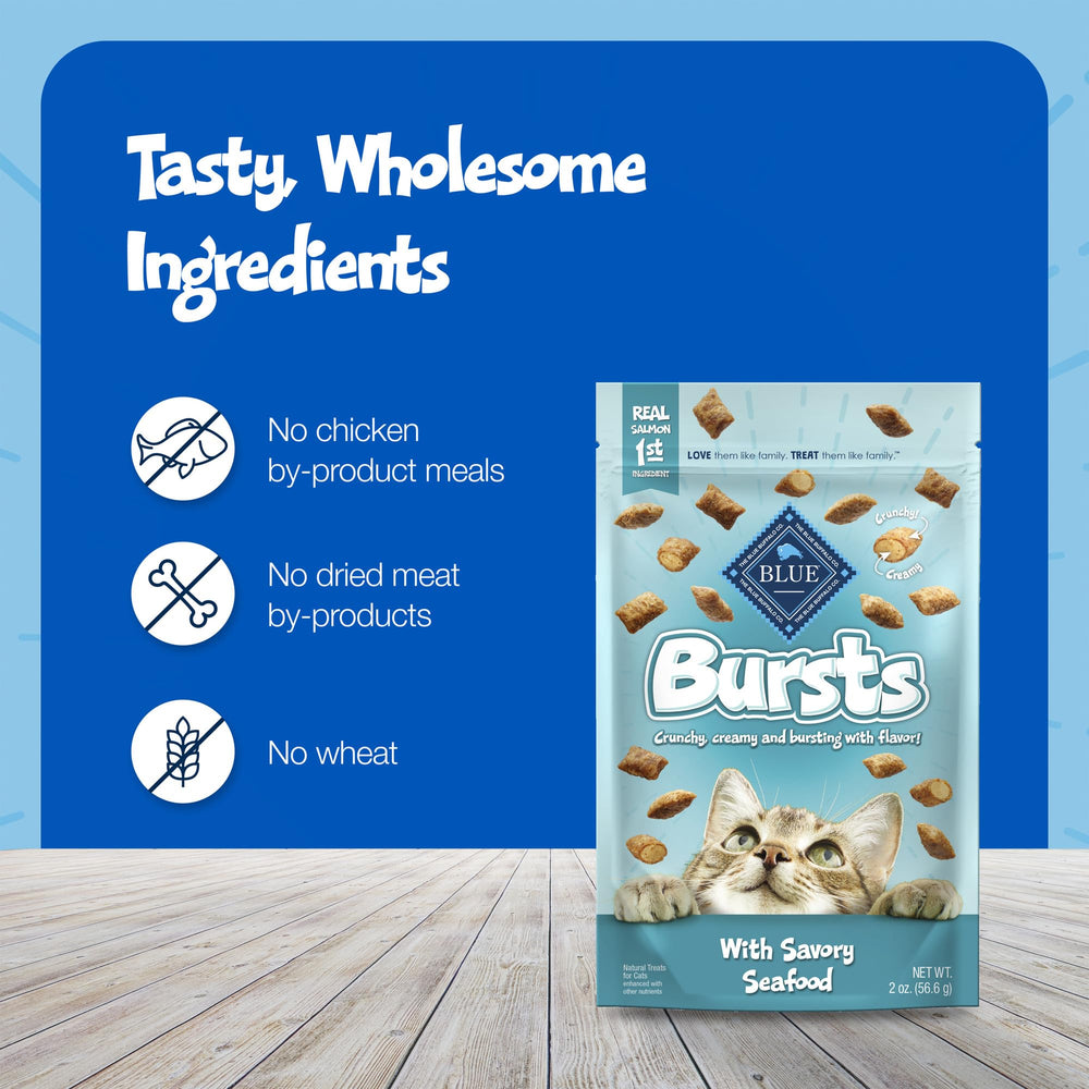 Blue Buffalo Bursts are free from corn, wheat, and soy for sensitive cats.