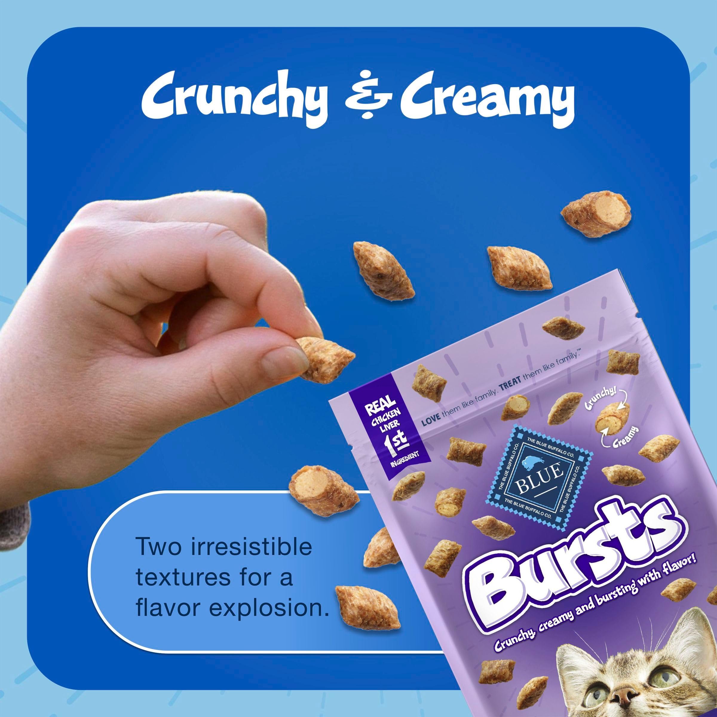 Blue Buffalo Bursts 12-ounce tub displayed on shelf.