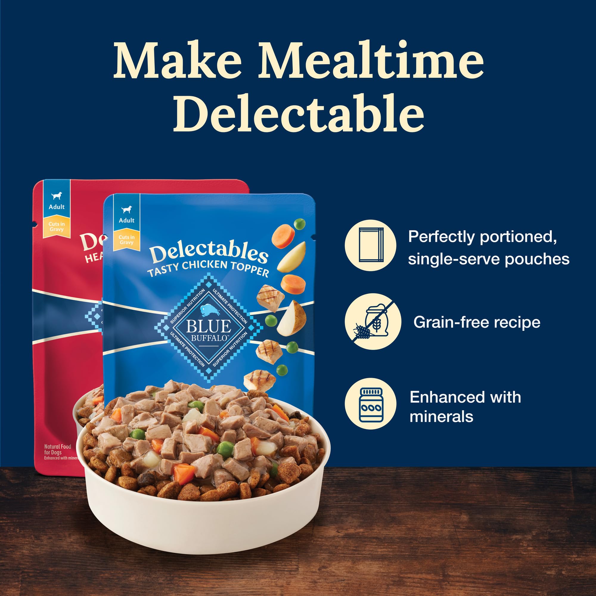 Blue Buffalo Delectables Beef Gravy Closeup – savory beef slices in gravy to pair with kibble.