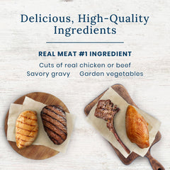 Blue Buffalo Delectables Beef Topper pouch enhances dry dog food with savory chunks