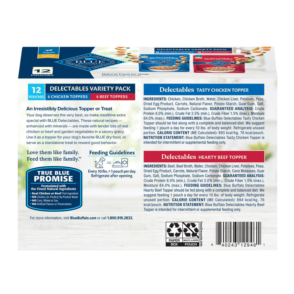 Blue Buffalo Delectables Hearty Beef Pouch – beef in gravy topper adds savory flavor.