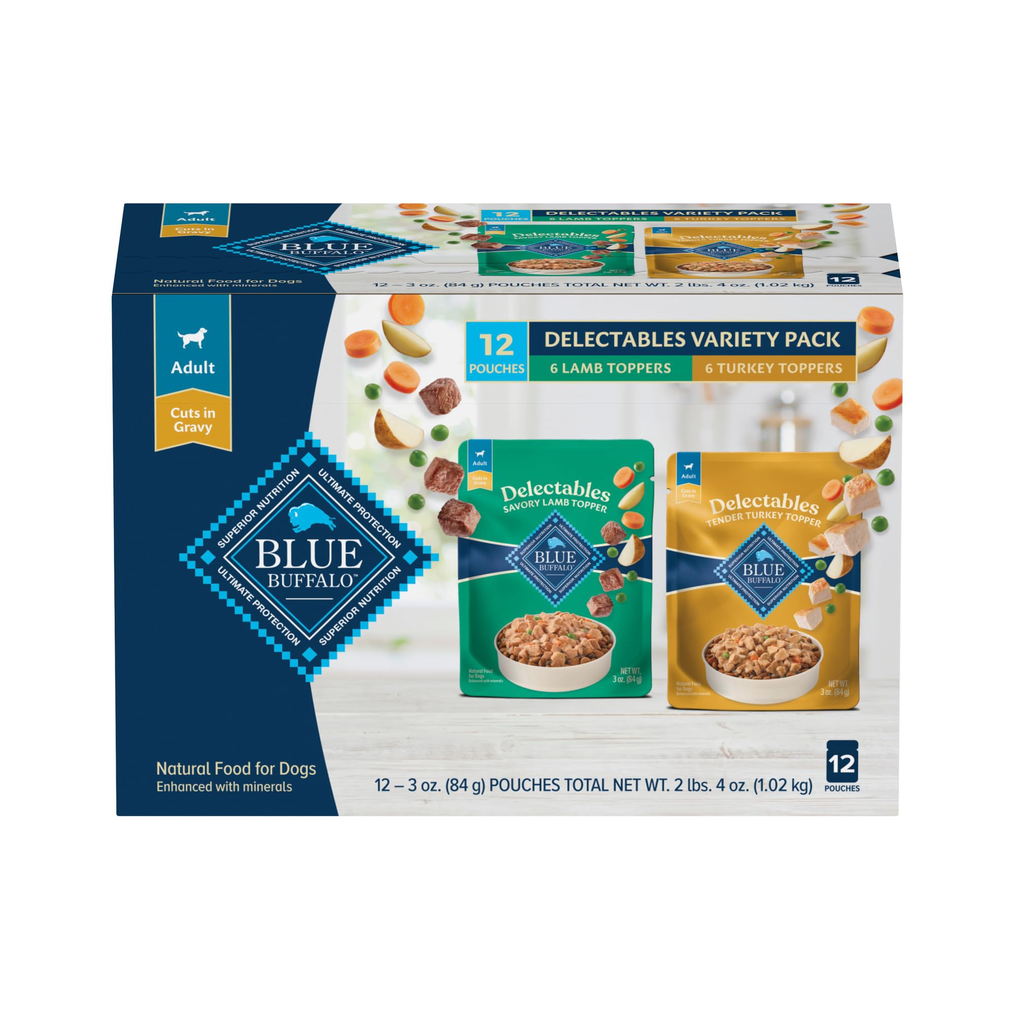 Blue Buffalo Delectables Lamb Dinner Topper enhances meals with tender lamb and garden vegetables.