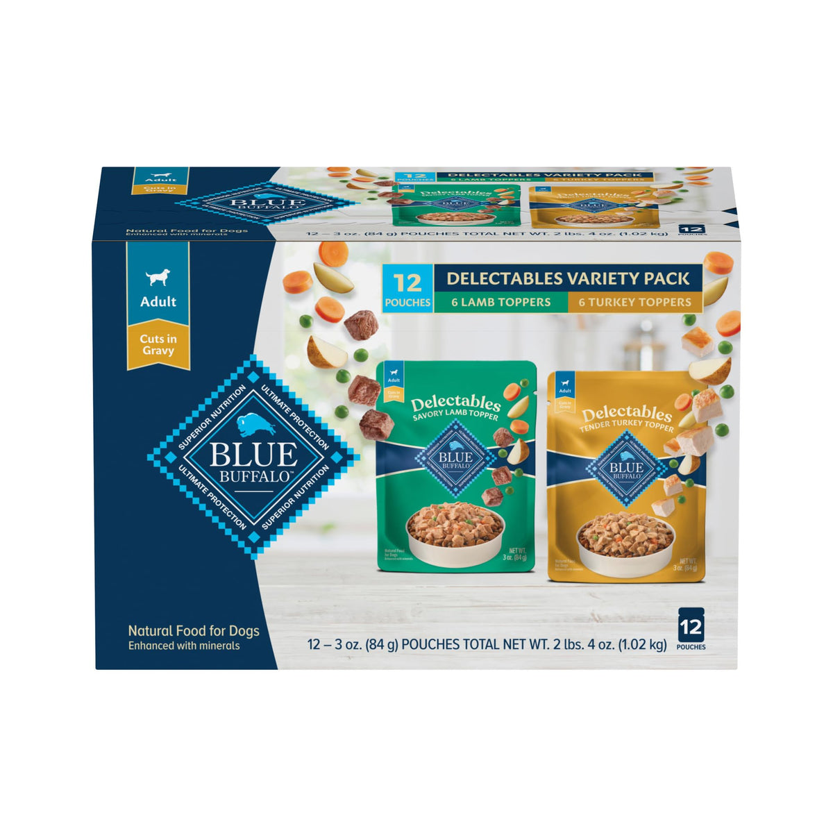 Blue Buffalo Delectables Lamb Dinner Topper enhances meals with tender lamb and garden vegetables.