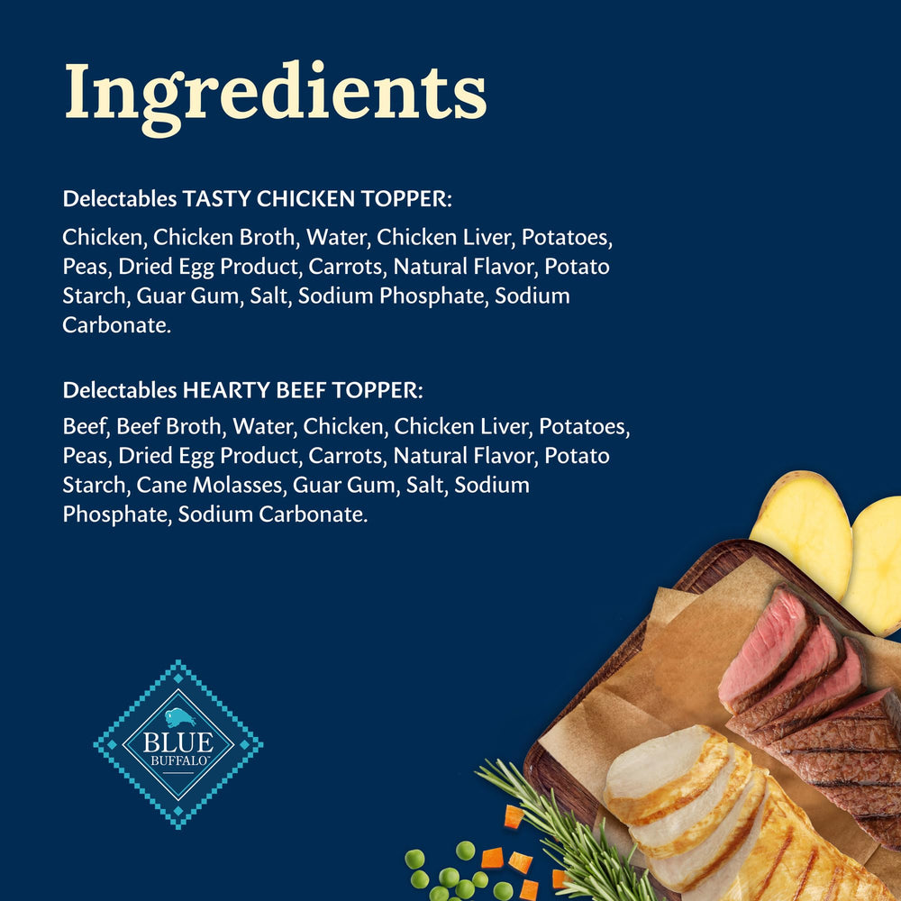 Blue Buffalo Delectables Packaging Shot – dual-flavor toppers shown in a single-serve pack.